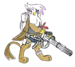 Size: 800x713 | Tagged: safe, artist:king-kakapo, derpibooru import, gilda, gryphon, ammunition, bandana, bandolier, bipedal, bryan fury, crossover, gun, minigun, scar, sketch, solo, tekken