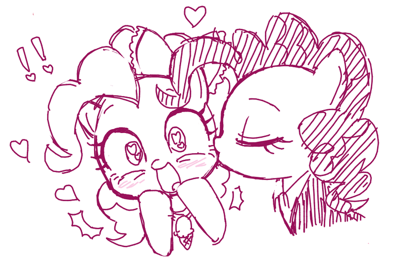 Size: 901x606 | Tagged: artist:momo, cute, derpibooru import, diapinkes, famihara, female, grayscale, kissing, lesbian, monochrome, piepie, pinkie pie, safe, selfcest, self ponidox, shipping