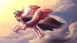 Size: 1366x768 | Tagged: safe, artist:locksto, derpibooru import, twilight sparkle, twilight sparkle (alicorn), alicorn, classical unicorn, pony, bedroom eyes, chest fluff, cloud, cloudy, cloven hooves, ear fluff, female, fluffy, flying, impossibly large ears, leonine tail, mare, sky, smiling, solo, spread wings, unshorn fetlocks, wallpaper