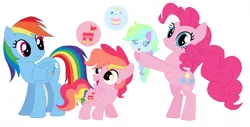 Size: 892x452 | Tagged: safe, artist:unoriginai, derpibooru import, pinkie pie, rainbow dash, oc, earth pony, pegasus, pony, colt, female, filly, lesbian, magical lesbian spawn, male, offspring, parent:pinkie pie, parent:rainbow dash, parents:pinkiedash, pinkiedash, piñata, shipping, streamers