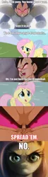 Size: 697x2571 | Tagged: comic, crossover, derpibooru import, dragon ball z, dragonball z abridged, edit, fantasy, fluttershy, quote, suggestive, the stare, this will end in pain, vegeta