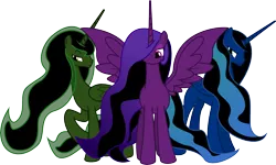 Size: 7287x4384 | Tagged: safe, artist:brisineo, derpibooru import, oc, unofficial characters only, alicorn, pony, fallout equestria, fanfic, absurd resolution, alicorn oc, artificial alicorn, blue alicorn (fo:e), fallout, fanfic art, female, hooves, horn, mare, purple alicorn (fo:e), raised hoof, simple background, solo, spread wings, transparent background, trio, unity, vector, wings