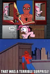 Size: 500x745 | Tagged: 60s spider-man, derpibooru import, exploitable meme, meme, pinkie pie, safe, spider-man, surprise door