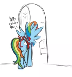 Size: 1280x1364 | Tagged: suggestive, artist:mostazathy, derpibooru import, rainbow dash, oc, oc:anon, human, pegasus, pony, dialogue, female, mare, ribbon, spread wings, tail bow, vulgar, wingboner