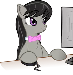 Size: 803x831 | Tagged: safe, artist:haetran, artist:reiduran, derpibooru import, octavia melody, earth pony, pony, amused, bow, bowtie, chest fluff, computer, female, hoof hold, mare, mousepad, reaction image, simple background, smiling, solo, transparent background, vector