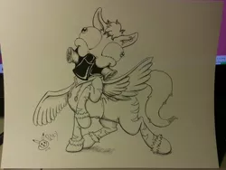 Size: 3264x2448 | Tagged: safe, artist:pikapetey, derpibooru import, oc, oc:libby airspinner, unofficial characters only, pegasus, pony, earring, ink, monochrome, respirator, solo, traditional art