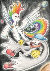 Size: 1649x2333 | Tagged: artist:souleatersaku90, crossover, derpibooru import, flying, galaxy, klonoa, rainbow dash, request, safe, space, super klonoa, super rainbow dash, traditional art