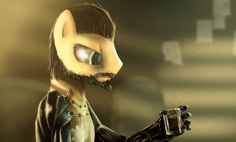 Size: 1723x1037 | Tagged: adam jensen, amputee, artificial hands, artist:makc-hunter, cyborg, derpibooru import, deus ex, deus ex: human revolution, glass, i never asked for this, mechanical hands, ponified, safe, solo