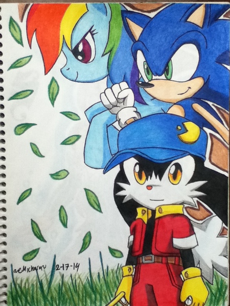 Size: 720x960 | Tagged: artist:emichaca, crossover, derpibooru import, drawing, grass, klonoa, leaf, lined paper, notebook, pac-man, rainbow dash, safe, sonic the hedgehog, sonic the hedgehog (series), traditional art