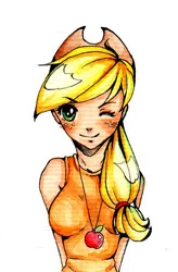 Size: 748x1138 | Tagged: applejack, artist:frenky-chan, derpibooru import, human, humanized, looking at you, one eye closed, safe, solo, traditional art