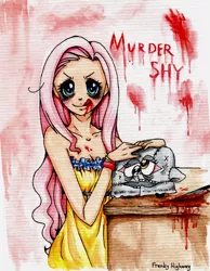 Size: 1255x1615 | Tagged: artist:frenky-chan, blood, derpibooru import, derpy hooves, fluttershed, fluttershy, grimdark, human, humanized, .mov, toaster cozy, traditional art