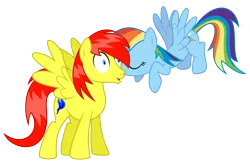 Size: 1023x679 | Tagged: safe, artist:masem, derpibooru import, rainbow dash, oc, oc:crimson azure, 5 bits, awkward, canon x oc, crimsondash, female, kissing, male, pay up, simple background, straight, transparent background