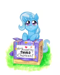 Size: 576x720 | Tagged: safe, artist:texasuberalles, derpibooru import, trixie, pony, unicorn, apple crate, box, c:, cape, clothes, cute, diatrixes, female, hat, leaning, looking up, mare, sitting, smiling, solo, traditional art, watercolor painting