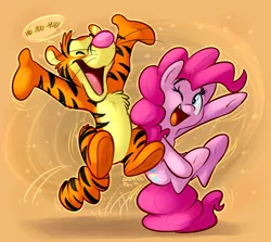 Size: 1100x980 | Tagged: safe, artist:thedoggygal, derpibooru import, pinkie pie, earth pony, pony, bouncing, chest fluff, crossover, cute, female, happy, male, mare, tail bounce, tigger, winnie the pooh