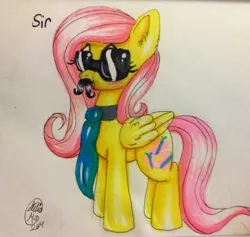 Size: 2048x1942 | Tagged: artist:flowerlovesyou, derpibooru import, fluttershy, moustache, necktie, safe, shade, solo, traditional art