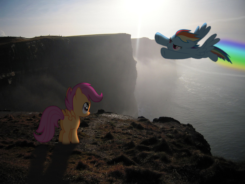 Size: 990x743 | Tagged: cliff, derpibooru import, flying, ocean, photoshop, rainbow dash, safe, scootaloo, sunset