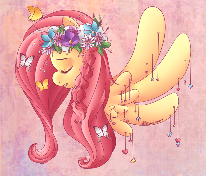 Size: 944x809 | Tagged: safe, artist:shellsweet, derpibooru import, fluttershy, butterfly, pegasus, pony, braid, bust, charm, eyes closed, female, floral head wreath, flower, mare, open mouth, portrait, profile, solo, spread wings, wings