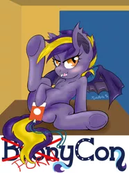 Size: 1293x1741 | Tagged: suggestive, artist:kyokimute, derpibooru import, oc, oc:blazing star, unofficial characters only, bat pony, pony, blushing, bronycon mascots, color communications badges, female, nudity, solo, solo female, underhoof
