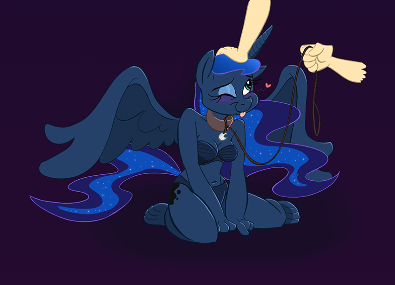 Size: 796x574 | Tagged: suggestive, artist:caroo, artist:kuroi-wolf, derpibooru import, princess luna, anthro, bikini, bondage, breasts, clothes, collar, cutie mark, cutie mark collar, heart, leash, pet play, pet tag, swimsuit, tongue out