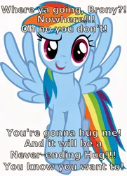 Size: 761x1050 | Tagged: artist needed, source needed, safe, derpibooru import, rainbow dash, pegasus, pony, bronybait, demands, female, hooves, hug, mare, open mouth, question, raised eyebrow, reaction image, simple background, smiling, solo, spread wings, text, vector, white background, wings