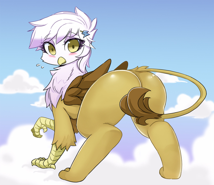 Size: 1200x1035 | Tagged: suggestive, artist:shepherd0821, derpibooru import, gilda, gryphon, blushing, cloud, cloudy, covering, embarrassed, female, looking at you, on a cloud, pixiv, raised claw, sky, solo, tail covering