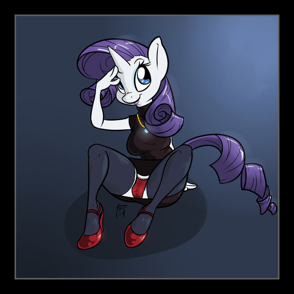 Size: 1010x1010 | Tagged: questionable, artist:siroc, derpibooru import, rarity, anthro, plantigrade anthro, unicorn, breasts, clothes, dress, female, frilly underwear, high heels, lipstick, panties, skirt, smiling, solo, solo female, underwear, upskirt