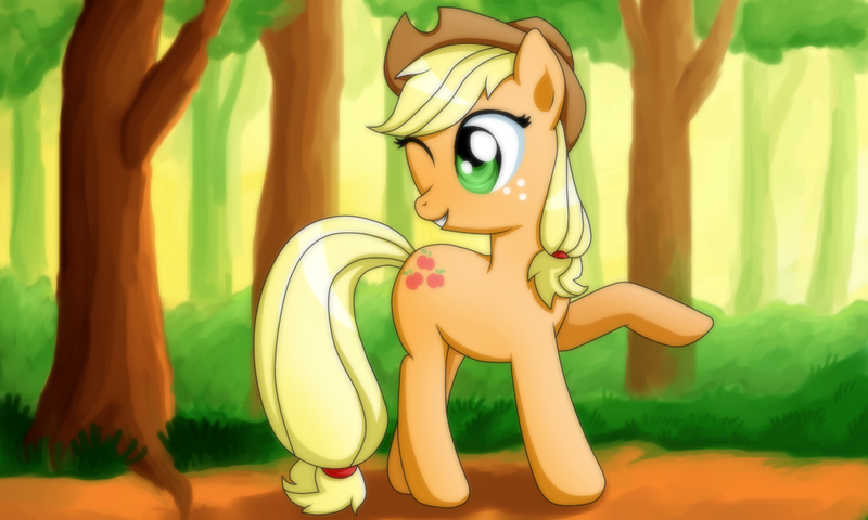 Size: 1000x600 | Tagged: safe, artist:nunitko, derpibooru import, applejack, forest, looking back, one eye closed, raised hoof, solo