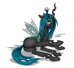 Size: 648x600 | Tagged: artist:abyssdungeon, bedroom eyes, blushing, bugbutt, changeling, derpibooru import, female, looking at you, lying, plot, queen chrysalis, shadow, signature, simple background, smiling, solo, solo female, suggestive
