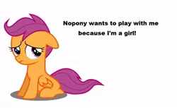 Size: 1138x698 | Tagged: bronybait, sad, safe, scootaloo, solo, text