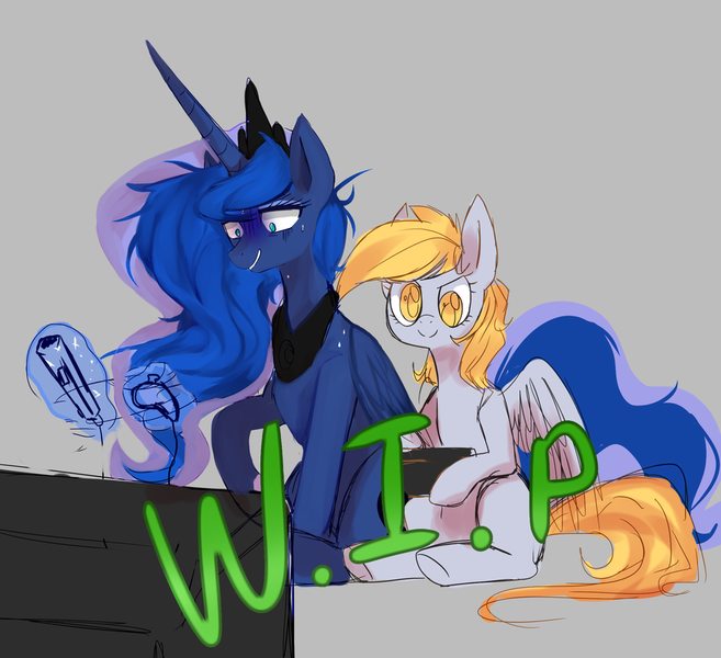 Size: 900x822 | Tagged: safe, artist:chokico, derpibooru import, derpy hooves, princess luna, pegasus, pony, gamer luna, female, magic, mare, wii, wii remote, wii u, wii u touchpad, wip