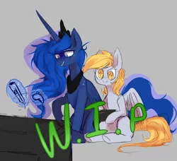 Size: 900x822 | Tagged: safe, artist:chokico, derpibooru import, derpy hooves, princess luna, pegasus, pony, gamer luna, female, magic, mare, wii, wii remote, wii u, wii u touchpad, wip