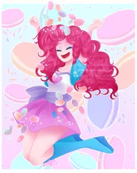 Size: 600x756 | Tagged: safe, artist:chokico, derpibooru import, pinkie pie, equestria girls, balloon, boots, clothes, cute, dress, eyes closed, high heel boots, humanized, jumping, macaroons, skirt, solo