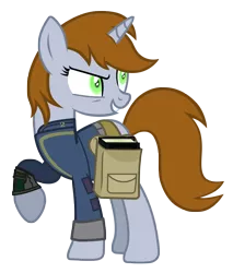 Size: 3244x3809 | Tagged: safe, artist:aborrozakale, derpibooru import, oc, oc:littlepip, unofficial characters only, pony, unicorn, fallout equestria, fanfic, black book, book, clothes, corrupted, fallout, fanfic art, female, hooves, horn, mare, pipbuck, possessed, saddle bag, simple background, smiling, solo, teeth, this will end in tears, transparent background, vault suit