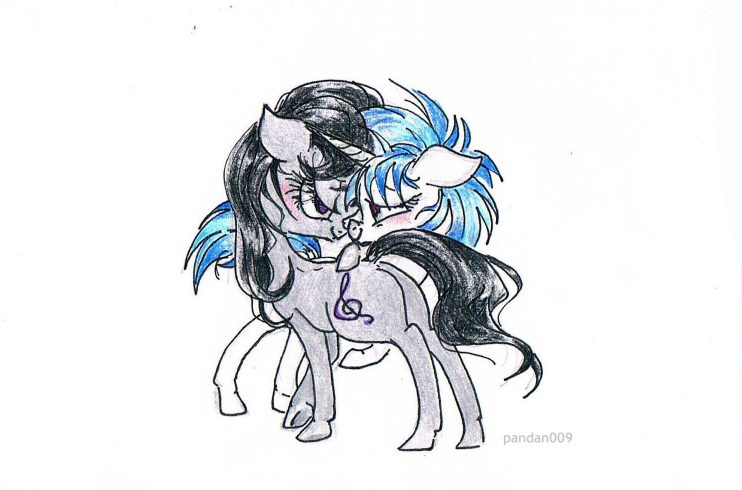 Size: 742x490 | Tagged: safe, artist:pandan009, derpibooru import, octavia melody, vinyl scratch, female, lesbian, scratchtavia, shipping, traditional art