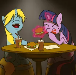 Size: 2213x2175 | Tagged: safe, artist:harmonicviper, derpibooru import, twilight sparkle, twilight sparkle (alicorn), oc, oc:cross rhodes, alicorn, pony, burger, cute, eating, female, food, glowing horn, hay burger, magic, mare, ship, sitting, soda, solo, telekinesis, that pony sure does love burgers, twilight burgkle