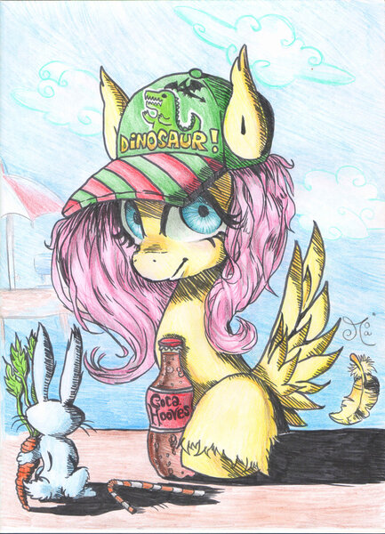 Size: 1024x1419 | Tagged: angel bunny, artist:chibiwendy, cap, fluttershy, hat, safe, soda, solo, unshorn fetlocks