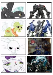 Size: 672x945 | Tagged: safe, derpibooru import, angel bunny, granny smith, opalescence, thunderlane, pony, brains, que, sideswipe, transformers, wheelie, wheeljack