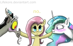 Size: 1024x651 | Tagged: artist:lifekore, blushing, boop, derpibooru import, discord, dislestia denied, eye contact, fluttershy, frown, nose wrinkle, princess celestia, safe, scrunchy face, shipping denied, simple background, smiling, :t, transparent background, wavy mouth, wide eyes