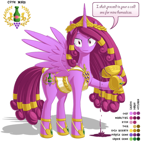 Size: 1100x1100 | Tagged: safe, artist:berrypawnch, derpibooru import, berry punch, berryshine, alicorn, pony, alcohol, alicornified, bacchus, berrycorn, dionysus, female, goblet, goddess, libation, mare, pouring, reference sheet, solo, sophisticated as hell, wine