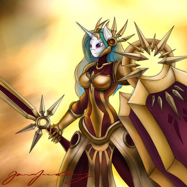 Size: 3000x3000 | Tagged: anthro, armor, artist:jamesjackobgermany, derpibooru import, glare, league of legends, leona, princess celestia, safe, shield, smirk, solo, sword, weapon