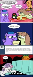 Size: 1024x2389 | Tagged: artist:catfood-mcfly, comic, dafuq, death threat, derpibooru import, earring, feminism, fluffy pony, fury belle, hiding, internet tough guy, oc, oc:checked privilege, oc:fat shamed, safe, scared, sweetie belle, tail wrap, walkman