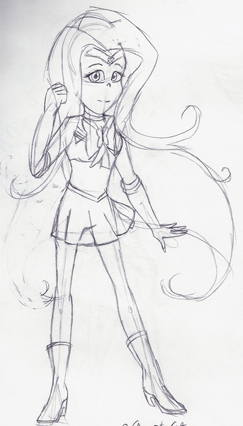 Size: 910x1593 | Tagged: safe, artist:violet-feather, derpibooru import, fluttershy, human, crossover, humanized, monochrome, sailor moon, solo, traditional art