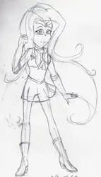 Size: 910x1593 | Tagged: safe, artist:violet-feather, derpibooru import, fluttershy, human, crossover, humanized, monochrome, sailor moon, solo, traditional art