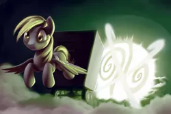 Size: 1095x730 | Tagged: safe, artist:moonlitbrush, derpibooru import, derpy hooves, ditzy doo, pegasus, pony, comic:derpy deliveries, fallout equestria, air wagon, balefire bomb, cloudsdale, female, implied death, mare, megaspell, solo