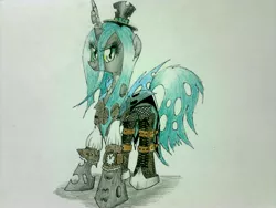 Size: 4000x3000 | Tagged: artist:makahin, boots, derpibooru import, queen chrysalis, safe, solo, steampunk, traditional art, wristwatch