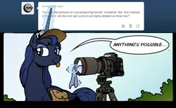 Size: 1627x1005 | Tagged: safe, artist:selenophile, derpibooru import, princess luna, baseball cap, camera, comic, hat, moonlight inquiries, smirk, solo, tongue out, tripod