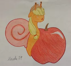 Size: 1848x1726 | Tagged: safe, artist:alaude29, derpibooru import, applejack, original species, snail, snail pony, apple, solo, species swap, that pony sure does love apples, traditional art