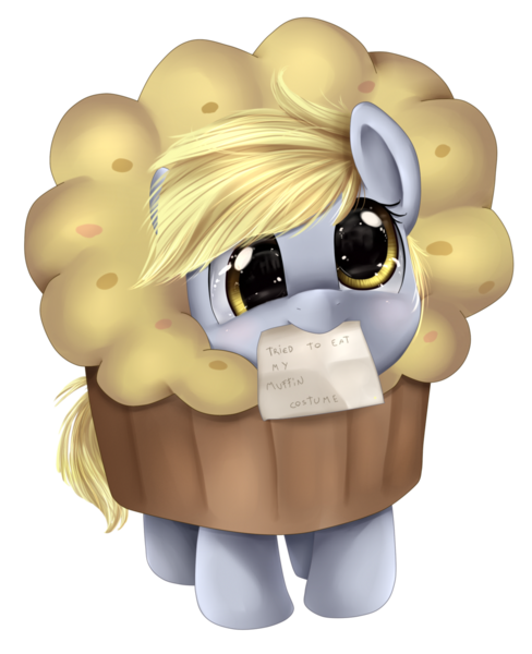 Size: 1534x1887 | Tagged: safe, artist:pridark, derpibooru import, derpy hooves, pony, clothes, costume, cute, daaaaaaaaaaaw, derpabetes, female, filly, hnnng, looking at you, mouth hold, muffin, pony shaming, pridark is trying to murder us, shaming, simple background, smiling, solo, transparent background, weapons-grade cute