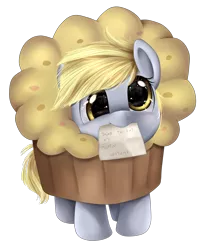 Size: 1534x1887 | Tagged: safe, artist:pridark, derpibooru import, derpy hooves, pony, clothes, costume, cute, daaaaaaaaaaaw, derpabetes, female, filly, hnnng, looking at you, mouth hold, muffin, pony shaming, pridark is trying to murder us, shaming, simple background, smiling, solo, transparent background, weapons-grade cute
