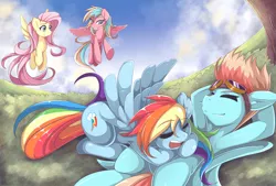 Size: 3507x2375 | Tagged: safe, artist:jinzhan, derpibooru import, fluttershy, rainbow dash, oc, oc:dawn seeker, armpits, canon x oc, dash of humanity, fanfic art, shipping